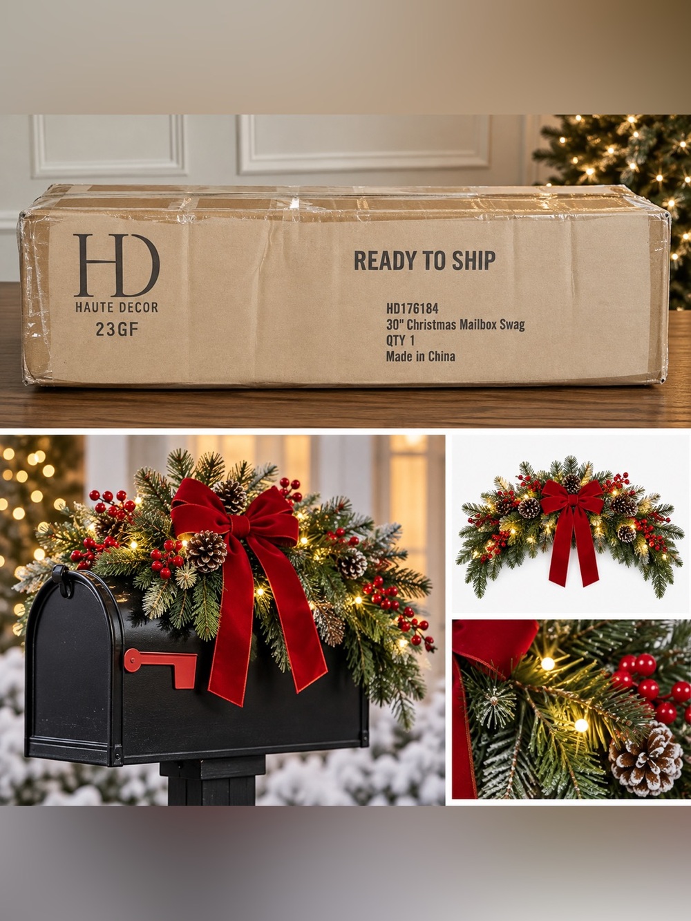 Haute Decor 30" Pre-Lit Christmas Mailbox Swag LED Holiday Decor NIB